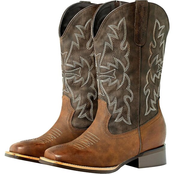 ⚡Women's Brown Extra Wide Calf Cowboy Boots Square Toe & Classic Stitching - Picture 1 of 7